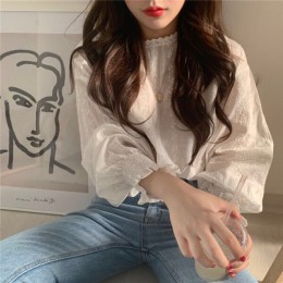 RUGOD koreański elegancki kwiatowy print kobiety bluzka Vintage rękawy typu lampion koronki białe słodkie damskie koszule Casual