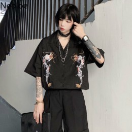 Neploe Harajuku Punk Gothic czarna bluzka topy 2020 kobiet koreańska, z haftem smok koszule w stylu Vintage luźne casualowe w st