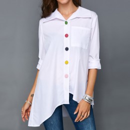Plus rozmiar kobiety biała koszula topy kolorowy przycisk anomalistyczna damska bluzka z długim rękawem letnia tunika moda kobie