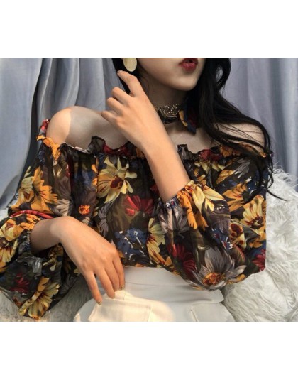 Neploe nowy Sexy z szerokim dekoltem, bez ramienia bluzka kobiety 2020 wiosna letni kwiat koszule z długim rękawem Blusas roczni