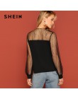 SHEIN czarny Sheer kontrast Mesh Yoke Sweetheart Neck koszula z okrągłym dekoltem kobiety wiosna elegancka jesień Casual zwykły 