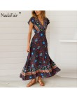 Nadafair Vintage, w kwiaty Maxi sukienki elegancka plaża Sash Sexy V Neck podział sukienka z nadrukiem długa letnia sukienka Boh