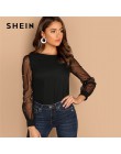 SHEIN Modern Lady czarna perła zroszony siatkowy rękaw wokół szyi gładki top kobiety Streetwear jesień minimalistyczna elegancka