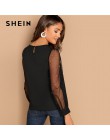 SHEIN Modern Lady czarna perła zroszony siatkowy rękaw wokół szyi gładki top kobiety Streetwear jesień minimalistyczna elegancka