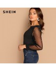 SHEIN Modern Lady czarna perła zroszony siatkowy rękaw wokół szyi gładki top kobiety Streetwear jesień minimalistyczna elegancka