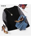 SHEIN Modern Lady czarna perła zroszony siatkowy rękaw wokół szyi gładki top kobiety Streetwear jesień minimalistyczna elegancka