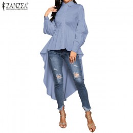 Moda damska Ruffles Hem bluzka ZANZEA elegancki dekolt z klapami Swallowtail koszule jednolity kolor, długi rękaw wysokiej talii