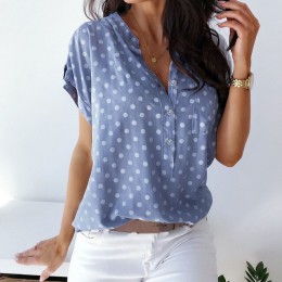 Niebieskie kropki drukuj damskie topy i bluzki z krótkim rękawem V Neck bluzka typu slim kobiety letnie ubrania Casual luźne kos