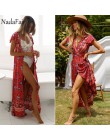 Nadafair Vintage, w kwiaty Maxi sukienki elegancka plaża Sash Sexy V Neck podział sukienka z nadrukiem długa letnia sukienka Boh
