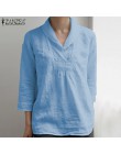 ZANZEA eleganckie damskie dekolt z klapami koszula z mieszanki bawełny i lnu lato 3/4 rękaw tunikowe bluzki Casual Ladies V Neck