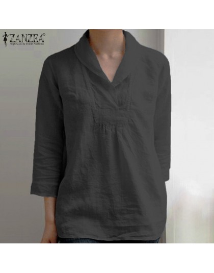 ZANZEA eleganckie damskie dekolt z klapami koszula z mieszanki bawełny i lnu lato 3/4 rękaw tunikowe bluzki Casual Ladies V Neck