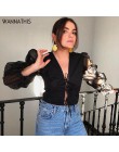 Wannathis Puff rękaw Mesh łączone bluzka Top łuk bandaż Ruffles biały Slim Sexy dekolt w serek z długim rękawem w stylu Vintage 