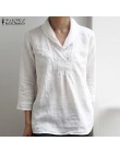 ZANZEA eleganckie damskie dekolt z klapami koszula z mieszanki bawełny i lnu lato 3/4 rękaw tunikowe bluzki Casual Ladies V Neck