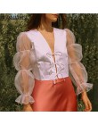 Wannathis Puff rękaw Mesh łączone bluzka Top łuk bandaż Ruffles biały Slim Sexy dekolt w serek z długim rękawem w stylu Vintage 