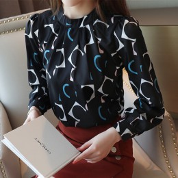 Modne koreańskie ubrania na co dzień szyfonowa bluzka z długim rękawem kobiety drukuj bluzka z okrągłym dekoltem biały czarny je