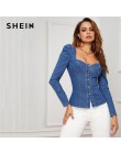 SHEIN niebieski guzik w górę bufiaste rękawy gorset dżinsowy top koszula kobiety jesień kochanie szyi blisko dopasowane Sexy pop