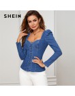 SHEIN niebieski guzik w górę bufiaste rękawy gorset dżinsowy top koszula kobiety jesień kochanie szyi blisko dopasowane Sexy pop