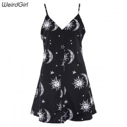 Weirdgirl damskie sukienki luźna dekolt bez rękawów mini sukienka czarne słońce księżyc gwiazda drukowanie elegancki damski, wio