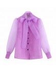 Kobiety jednolity kolor łuk kołnierz organza casual bluza koszule bluzki damskie z długim rękawem przezroczysty roupas chic kosz