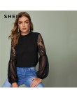 SHEIN falbany szyi koronki Sheer elegancka bluzka Top kobiety 2019 wiosna jesień stanąć kołnierz rękaw w stylu bishop popy i blu