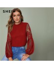 SHEIN falbany szyi koronki Sheer elegancka bluzka Top kobiety 2019 wiosna jesień stanąć kołnierz rękaw w stylu bishop popy i blu