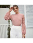 SHEIN falbany szyi koronki Sheer elegancka bluzka Top kobiety 2019 wiosna jesień stanąć kołnierz rękaw w stylu bishop popy i blu