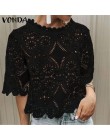 Koszule damskie bluzka damska i topy 2019 VONDA moda damska Sexy Lace Blusas Ladies Office podkoszulki O-Neck Hollow Out tunika