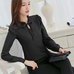 Wiosna jesień szyfonowa bluzka damska Casual z długim rękawem wąskie koszule moda koszulka Bow biurowa, damska czarne białe topy