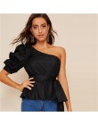 SHEIN Sexy jedno ramię bufiaste rękawy Peplum Knot popędzający bluzka kobiety lato 2019 solidna wzburzyć eleganckie Party bluzki