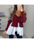 Kobiety jesień patchworkowy w stylu Casual bluzka koszule elegancki Sexy off ramię z długim rękawem wzburzyć sweter zimowy Mujer