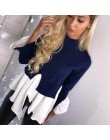 Kobiety jesień patchworkowy w stylu Casual bluzka koszule elegancki Sexy off ramię z długim rękawem wzburzyć sweter zimowy Mujer