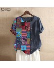 2020 ZANZEA damska drukowana patchworkowa bluzka Kaftan lniane topy Casual O Neck Blusas kobiece koszule z krótkim rękawem Plus 