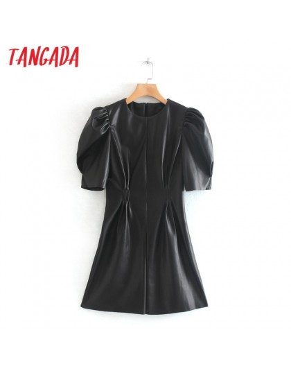 Tangada kobiety czarna sztuczna skóra sukienka w stylu Vintage z krótkim rękawem 2019 Zipper kobieta plisowana tunika Mini sukie