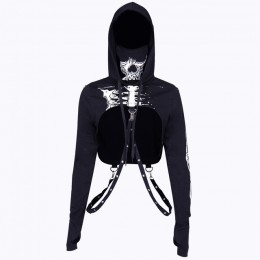 InstaHot Gothic Punk bluzy z kapturem damskie czarne z nadrukiem szkieletu maska z długim rękawem krótkie bluzki 2019 modna kosz