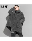 [EAM] luźny krój czarny Denim bluza oversize nowy wysoki kołnierz z długim rękawem kobiety Big Size moda wiosna jesień 2020 1K16