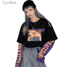 Lychee Vintage fałszywe 2 kawałki postaci list kobiet bluza hit kolorowy O-Neck z długim rękawem jesień Casual luźne damskie swe