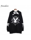 Focal20 Harajuku nadruk z pentagramem zasznurować kobiety bluzy z polaru Gothic Punk Oversize aksamitna bluza z kapturem sweter 