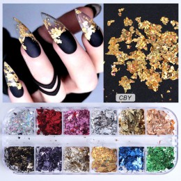 12 siatka paznokci cekiny błyskotka aluminium nieregularne płatki złoty Pigment zdobienie paznokci dekoracje lustro Glitter foli