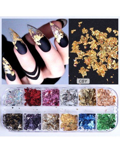 12 siatka paznokci cekiny błyskotka aluminium nieregularne płatki złoty Pigment zdobienie paznokci dekoracje lustro Glitter foli