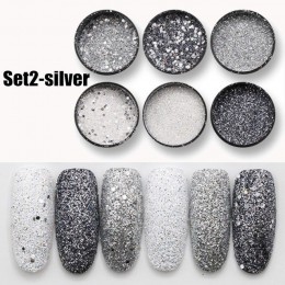 6 sztuk/zestaw błyszczący srebrny brokat cekiny czarne paznokcie z brokatem Art DIY proszek kurz bajki pyłu makijaż manicure do 