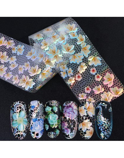16 sztuk/zestaw Mix białe koronki folie do transferu na paznokcie holograficzne kwiaty wzory paznokci naklejki kalkomania okłady