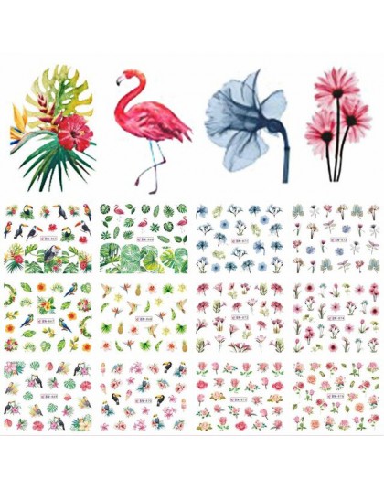 12 wzorów woda naklejki suwak lato dżungla Flamingo papuga Flora znak wodny naklejka do paznokci dekoracje okłady Manicure BEBN8