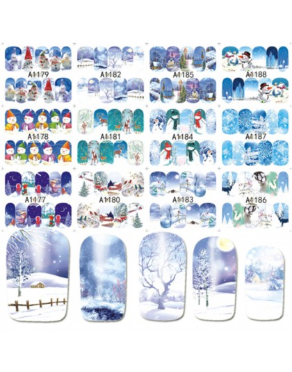 12 wzorów w 1 zestawie zimowy styl świąteczny śnieżynka pełne okłady Nail Art naklejki do transferu wody naklejki do Manicure DI