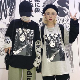 NiceMix bluza w stylu harajuku kobiety Patchwork Unisex swetry japońskie anime drukuj komiksy bluzy fałszywe 2 kawałki kobieta S