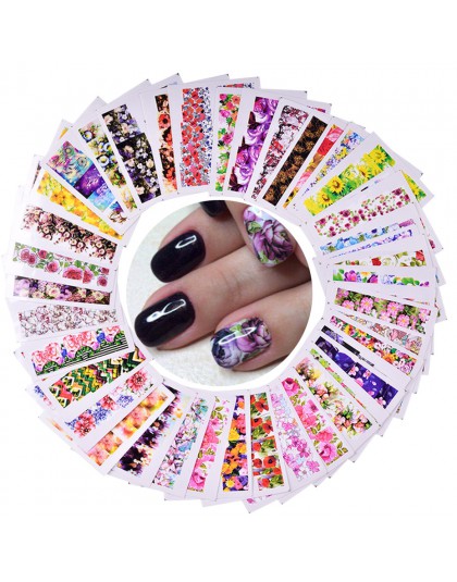 48 szt. Flwoer wzory do paznokci naklejki mieszane kolorowe kwiatki pełne folie polski DIY Watermark narzędzia paznokci naklejki