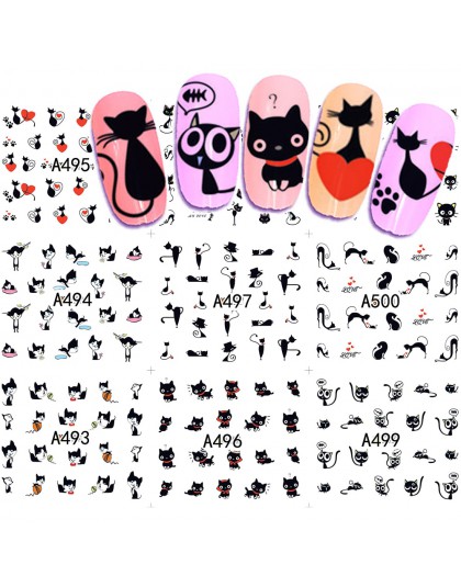 12 wzorów woda Transfer paznokci naklejka artystyczna i naklejka letnie wzory kot kreskówkowy zestaw śliczne suwak tatuaże Manic