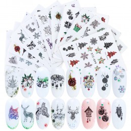 12 sztuk zestaw naklejek Xmas na paznokcie mieszane płatki śniegu łosia nowy rok Nail Art woda naklejka naszyjnik suwak manicure