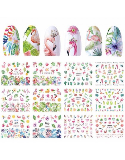12 wzorów Nail polski naklejka woda naklejka z flamingiem kwiatami Harajuku sowa Transfer dekoracja do manicure tatuaż porady JI