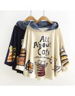 Johnature 2019 nowe jesienne i zimowe bluzy z kapturem luźny nadruk z kotem 2 kolor Kawaii Japan Style topy śliczne ciepłe bluzy
