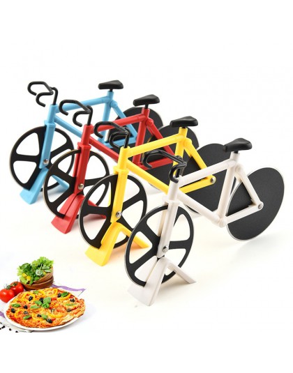 Nowy projekt nóż do pizzy ze stali nierdzewnej dwukołowy kształt roweru nóż do cięcia pizzy narzędzie do pizzy rower okrągły nóż